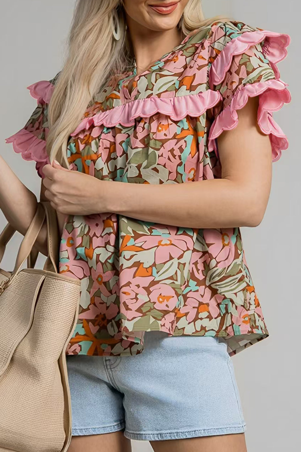 Multicolour Floral Tiered Ruffled Short Sleeve Blouse for Women