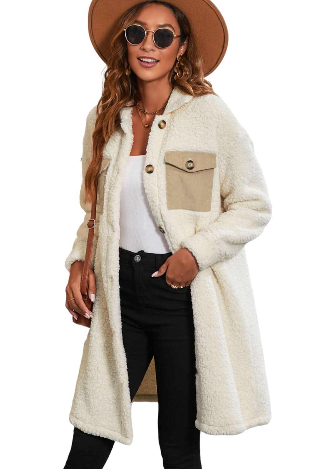 Beige Teddy Coat with Contrast Flap Pockets and Single Breasted Design