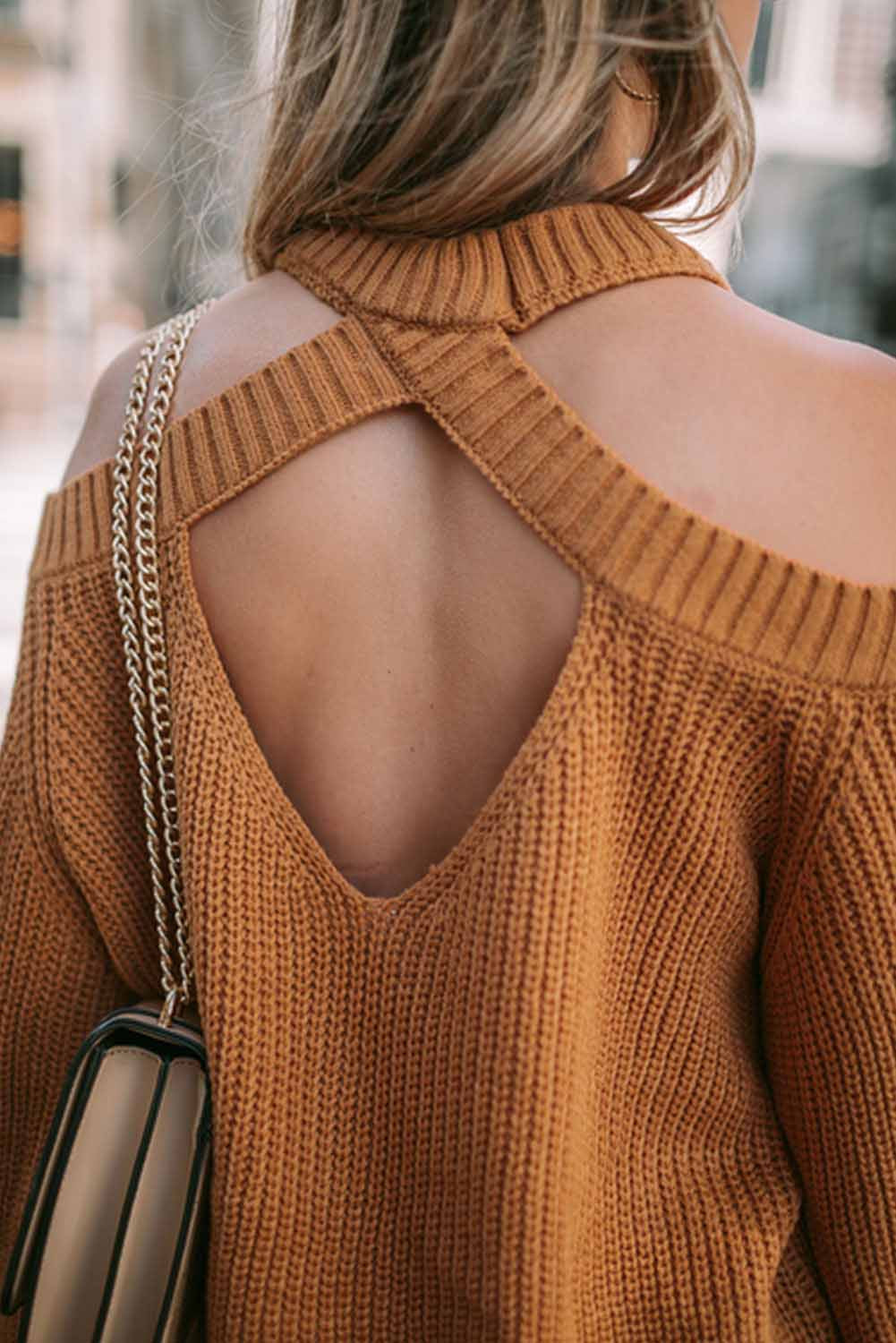 Chic cold shoulder sweater - brown