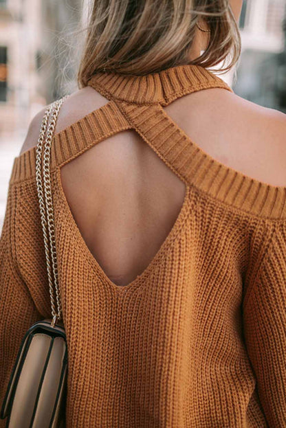 Chic brown cold shoulder sweater with hollow-out back design