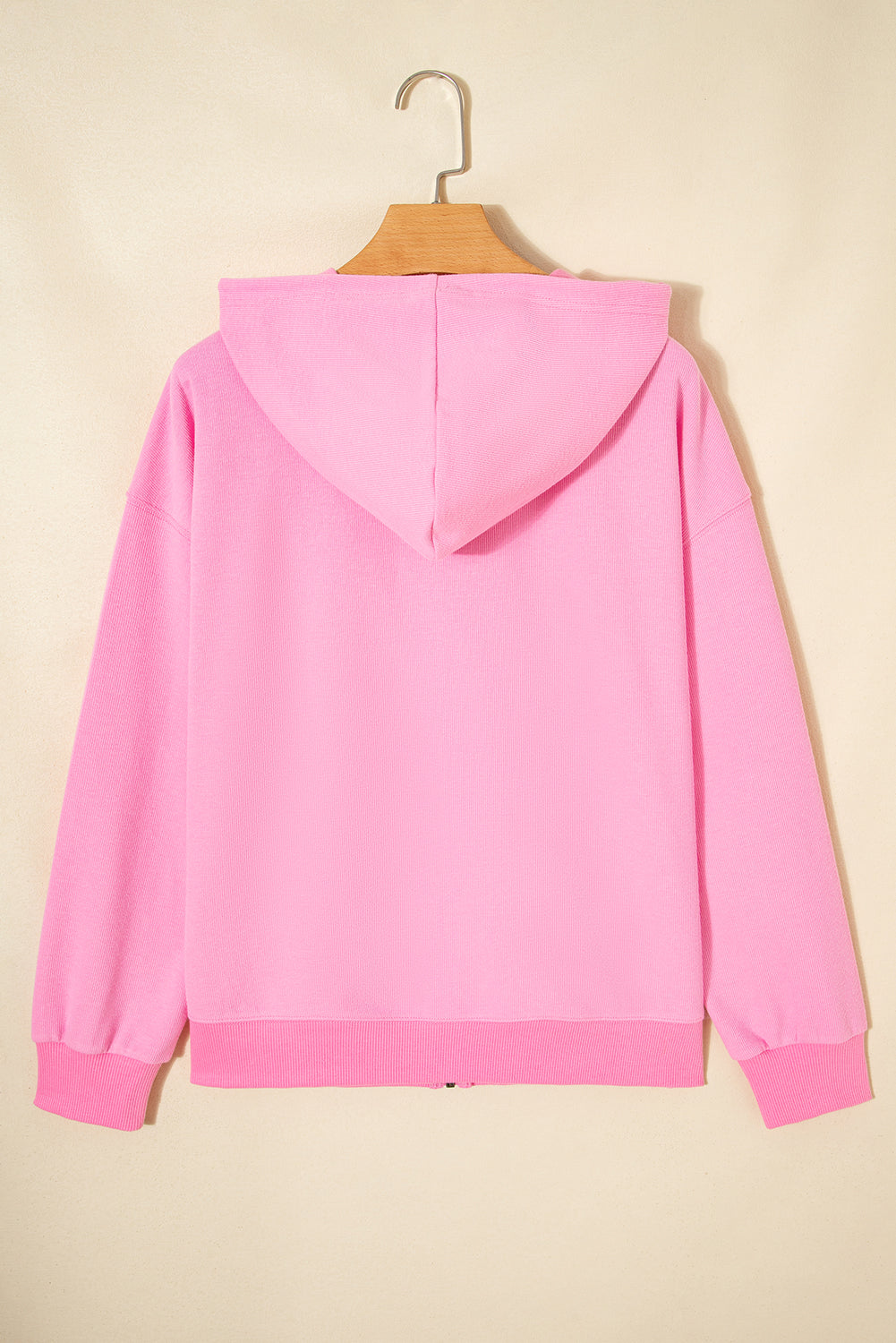 Sachet Pink Solid Color Ribbed Zip Up Hooded Jacket With Drawstring Dear-Lover Dropshipping