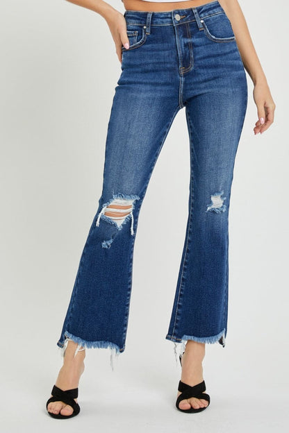 RISEN High Rise Distressed Crop Flare JeansThe High Rise Distressed Crop Flare Jeans are a trendy and edgy addition to your denim collection. Featuring a high rise fit, distressed detailing, and a cropped flaLove Salve RISEN High Rise Distressed Crop Flare JeansJeans