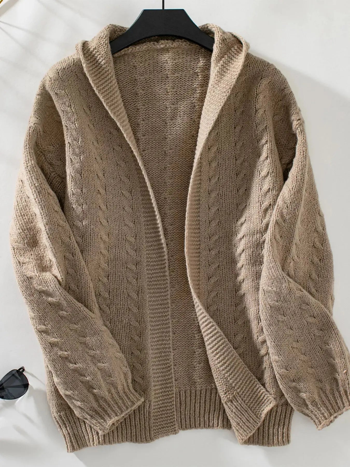Cable Knit Open Front Hooded Cardigan Simply Love