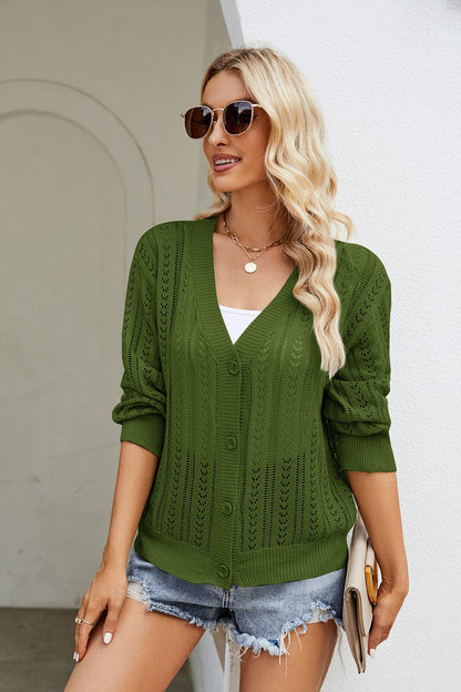 Openwork Button Front V-Neck Cardigan.