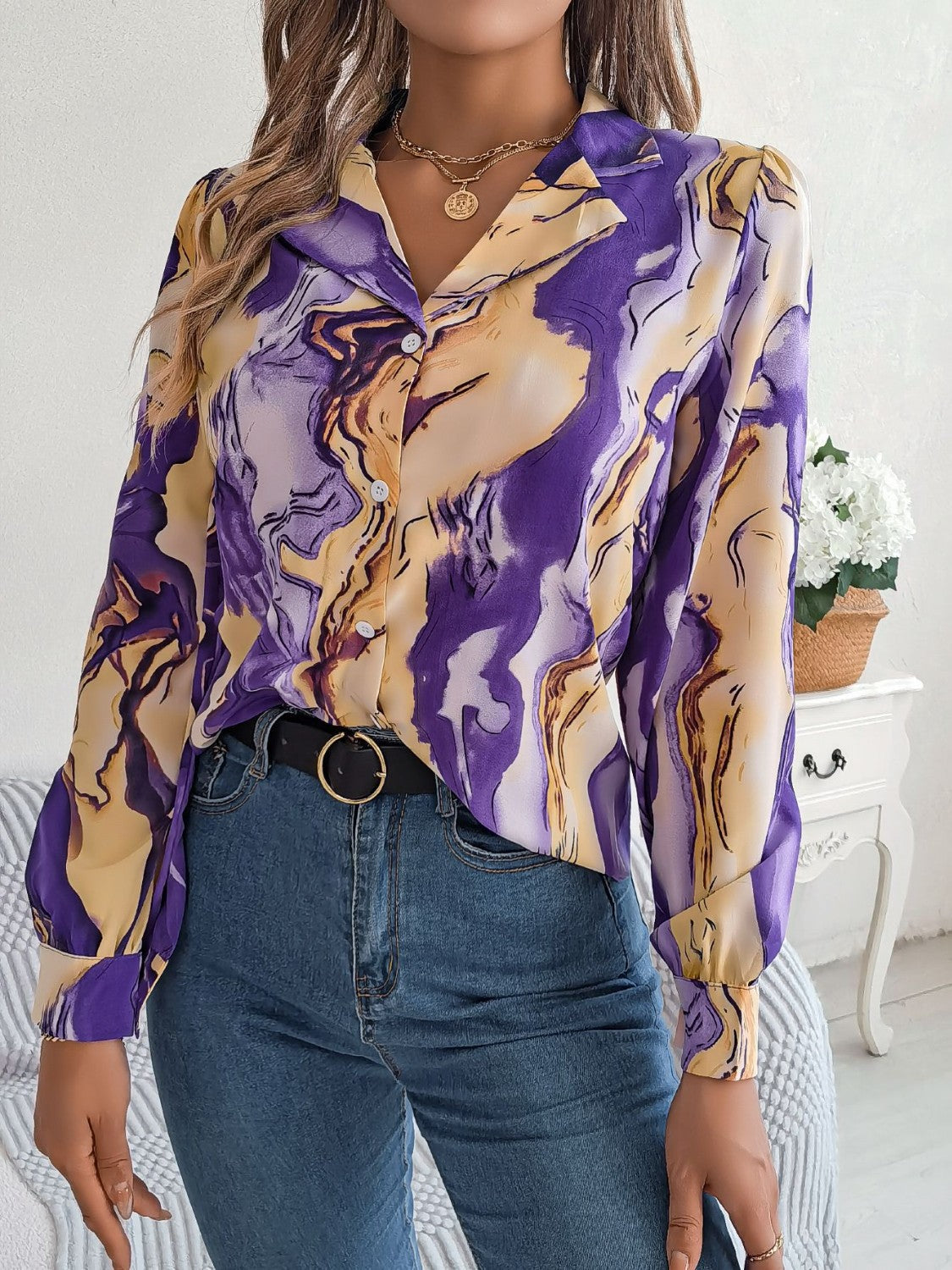 Printed Button Up Long Sleeve Shirt Coco’s Tee Boutique