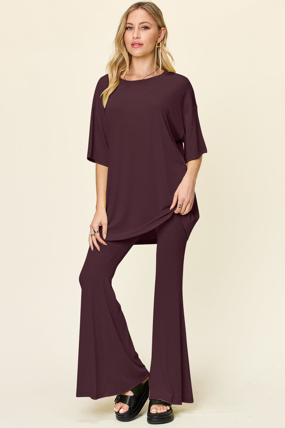 Double Take Full Size Round Neck Drop Shoulder T-Shirt and Flare Pants Set.