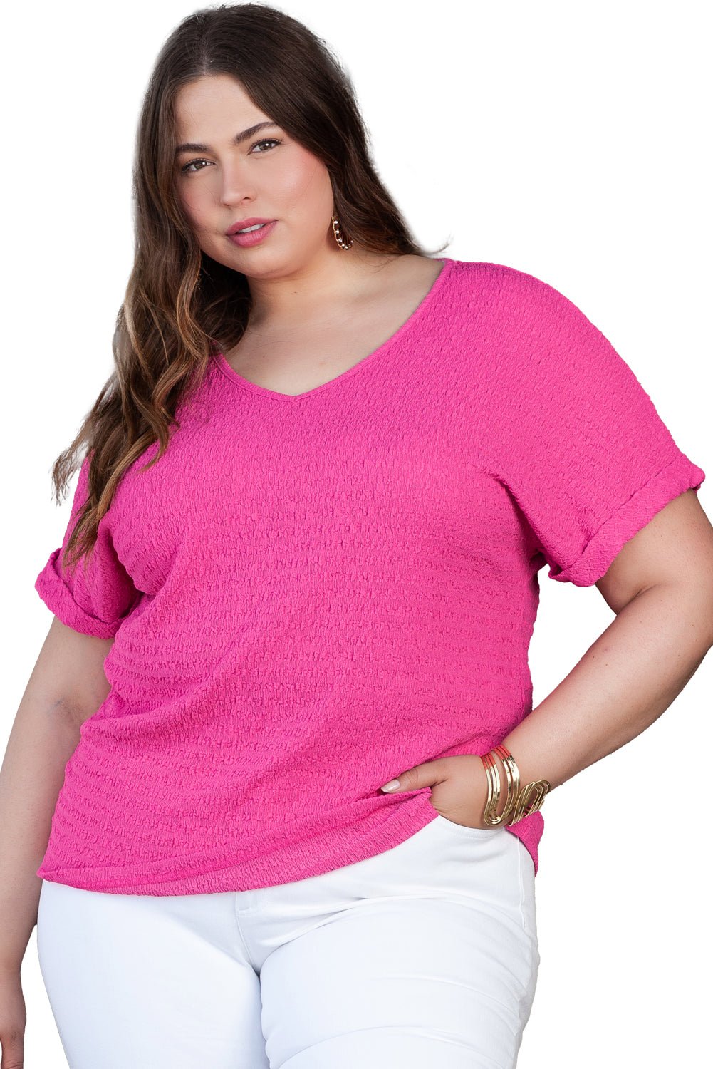 Chic bright pink plus size textured V-neck tee with folded sleeves