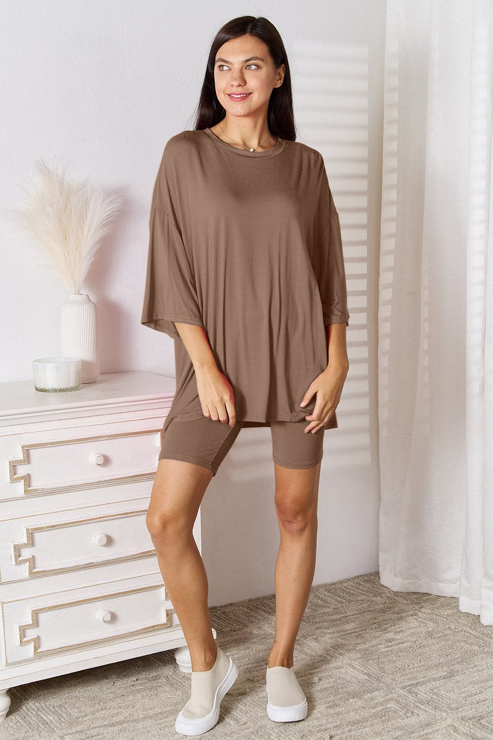 Basic Bae Full Size Soft Rayon Three-Quarter Sleeve Top and Shorts Set.