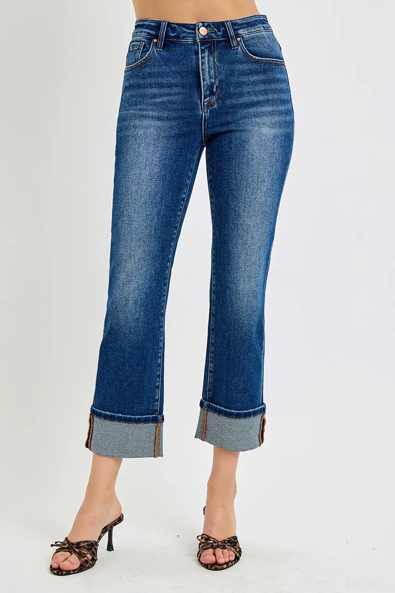 Risen Full Size High Rise Ankle Straight Cuffed Jeans Plus Size - Love Salve 
