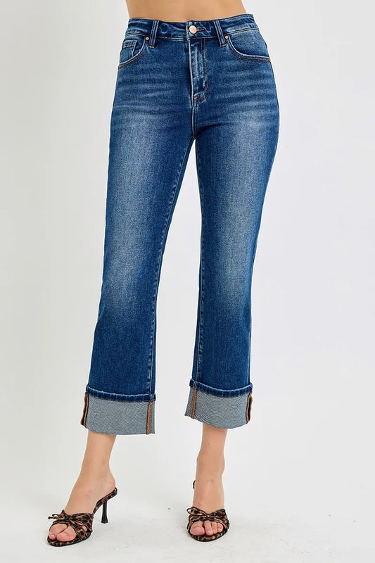Risen Full Size High Rise Ankle Straight Cuffed Jeans Plus Size - Love Salve 