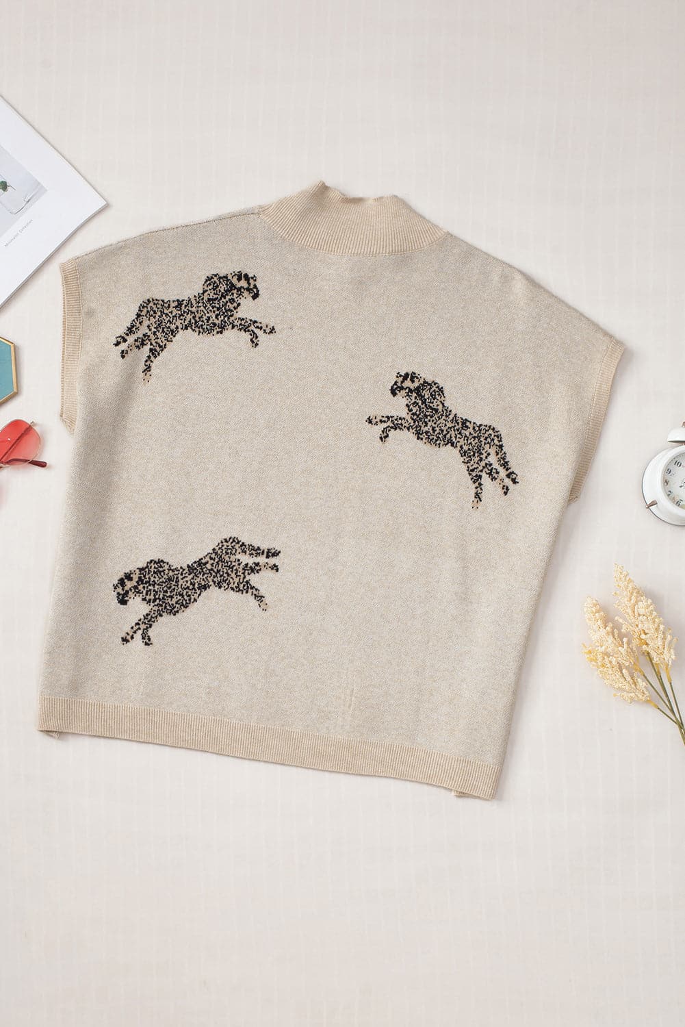 Animal Graphic Mock Neck Cap Sleeve Sweater.