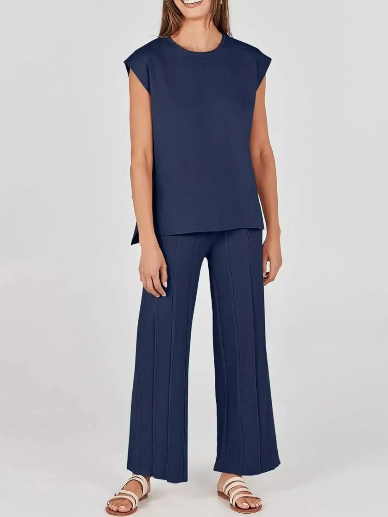 Casual Solid Color Cap Sleeve Top and Pants Knit Set Simply Love