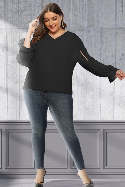 Plus Size Cutout Flounce Sleeve Blouse.