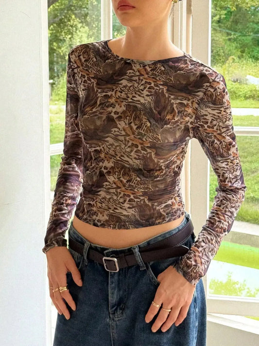 Leopard Print Long Sleeve Mesh Top Simply Love