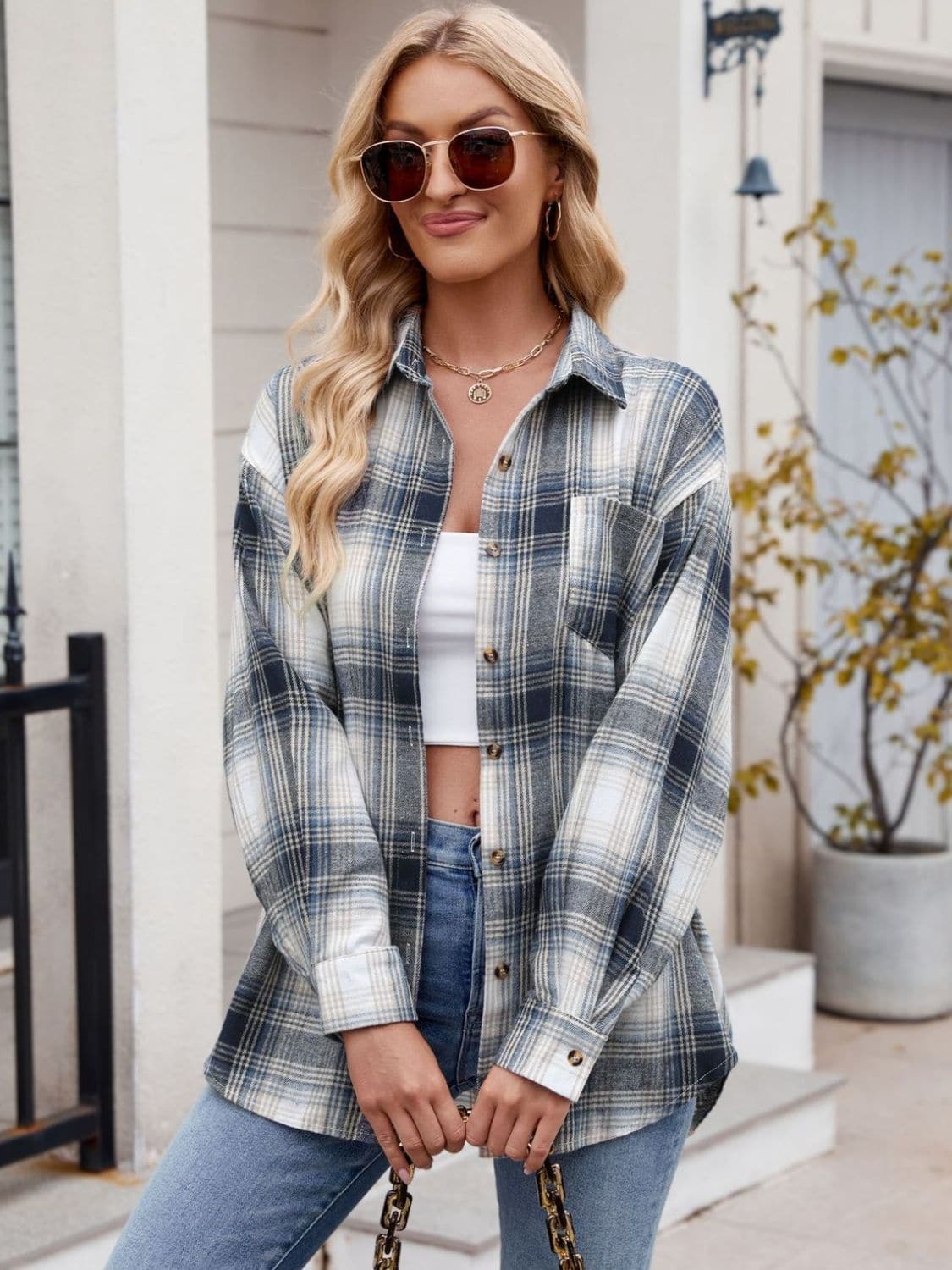 Plaid Collared Neck Long Sleeve Shirt.