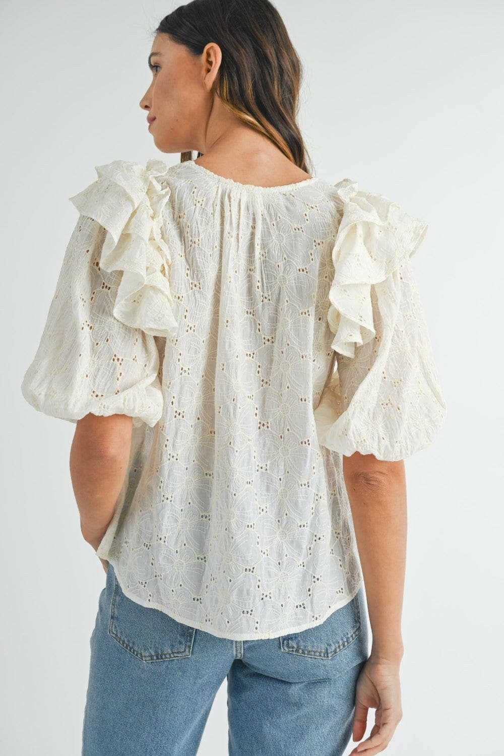 MABLE Eyelet Lace Ruffle Shoulder Puff Sleeve Blouse.