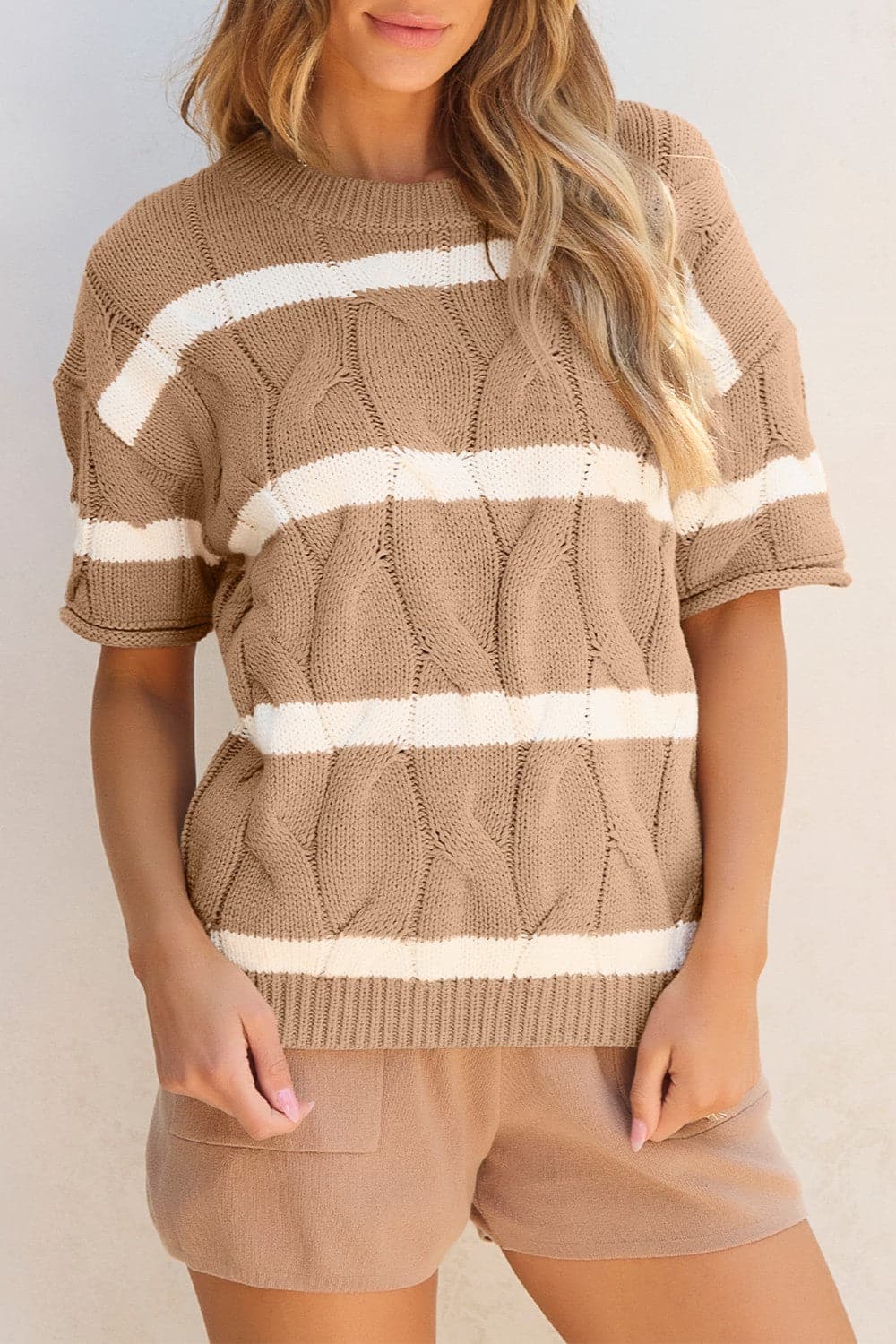 Striped Round Neck Short Sleeve Sweater.