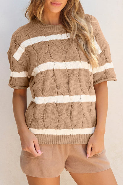 Striped Round Neck Short Sleeve Sweater.