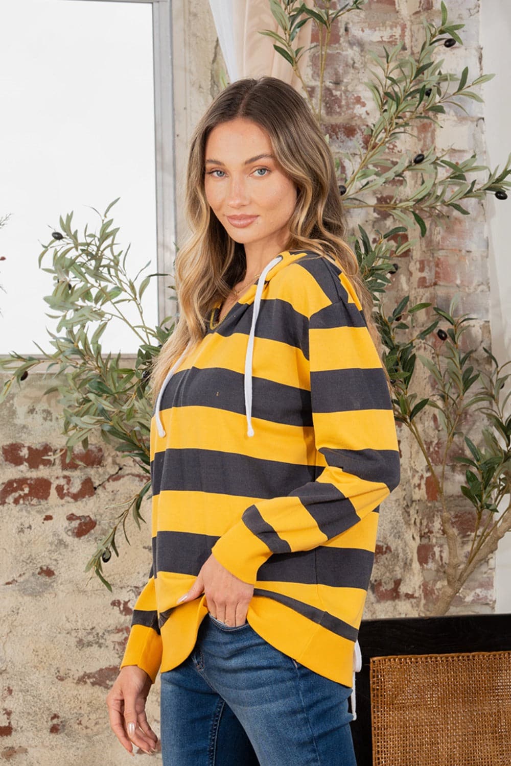 Full Size Drawstring Striped Long Sleeve Hoodie.