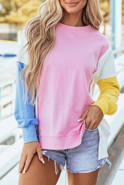 Chic high-low slit contrast sweatshirt with round neck and long sleeves