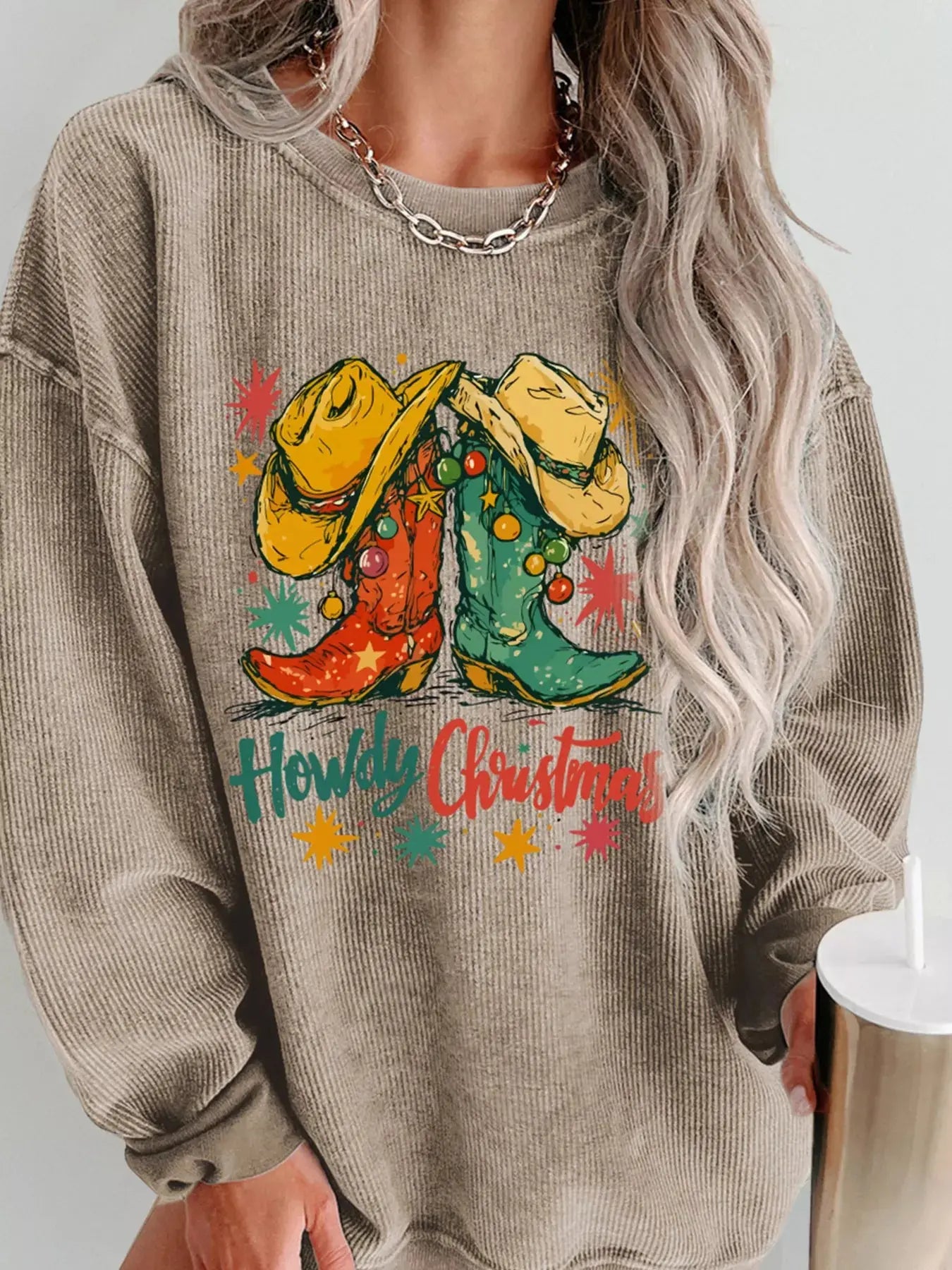 Howdy Christmas Cowboy Boots Graphic Corded Sweatshirt Simply Love