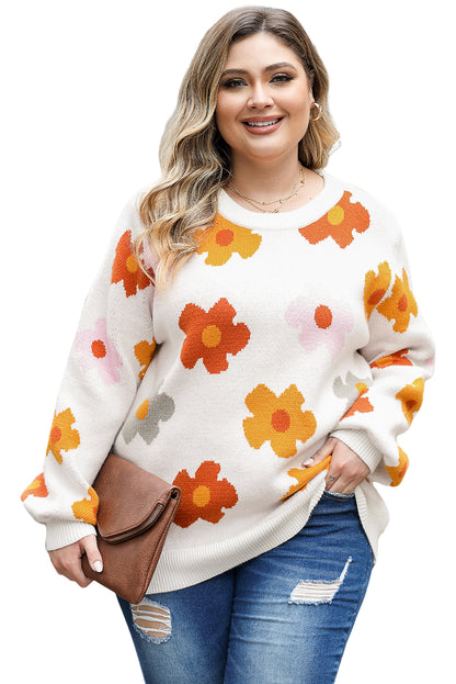 White Plus Size Flower Pattern Ribbed Trim Casual Sweater