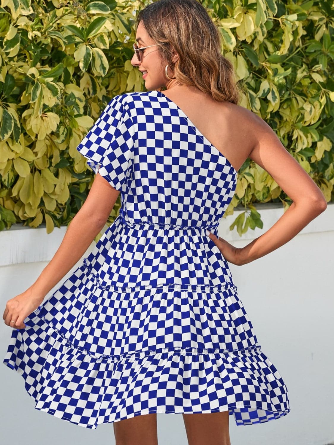 Checkered Single Shoulder Mini Dress.