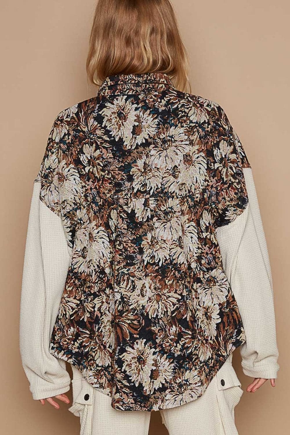 POL Contrast Sleeves Button Down Floral Jacquard Shirt.