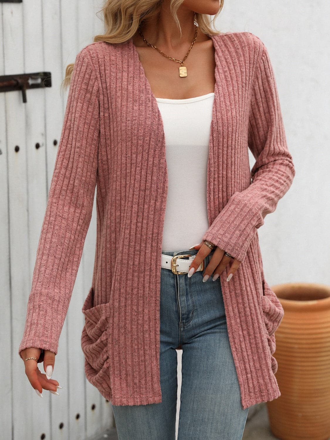 Open Front Long Sleeve Ribbed Cardigan.