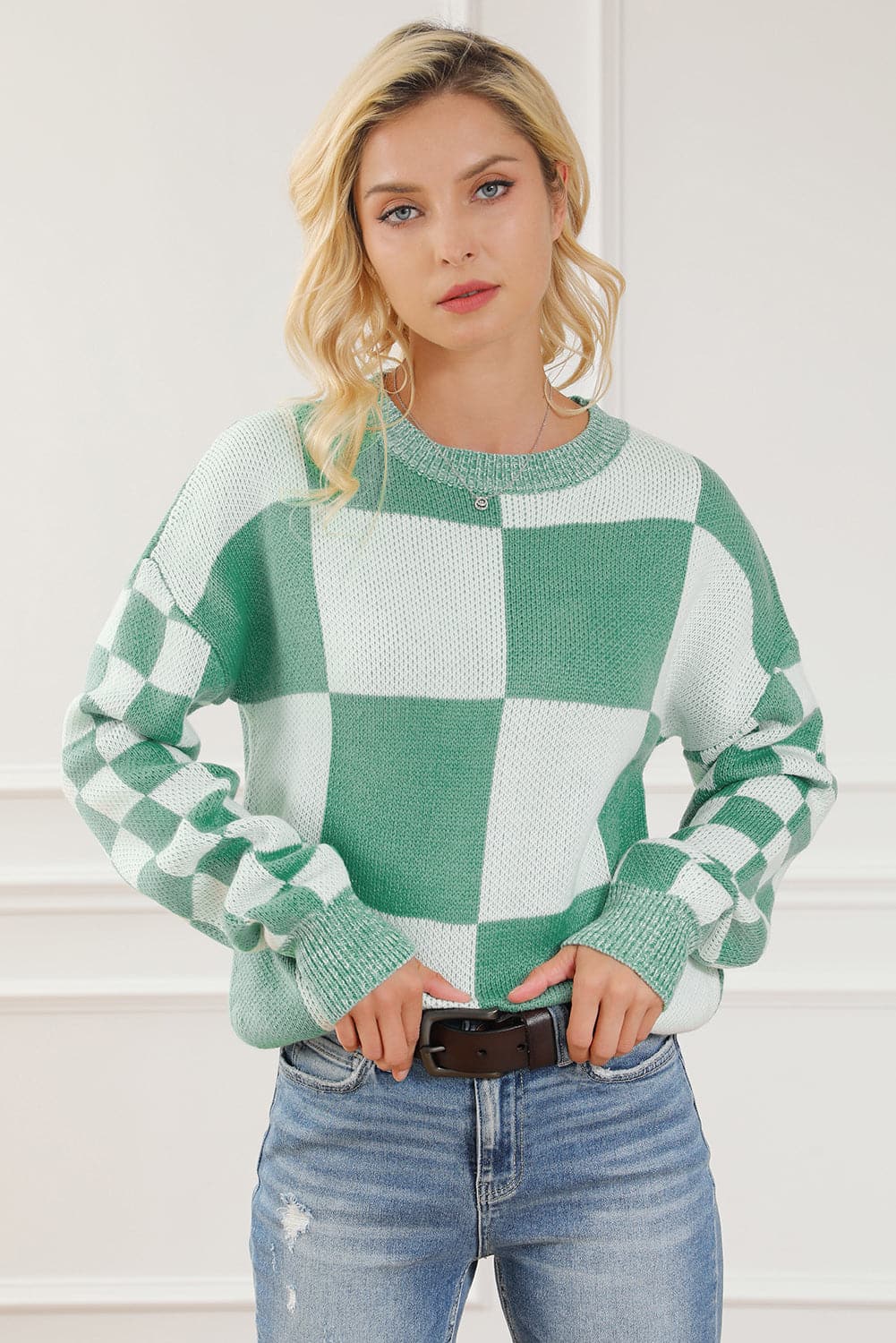 Checkered Drop Shoulder Long Sleeve Sweater.