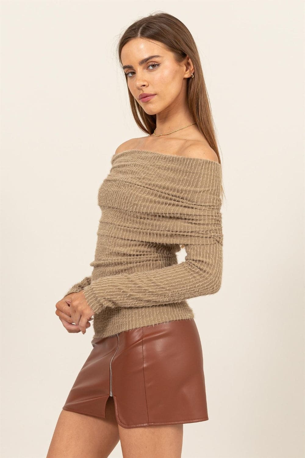 HYFVE Fuzzy Off shoulder Textured Knit Top.