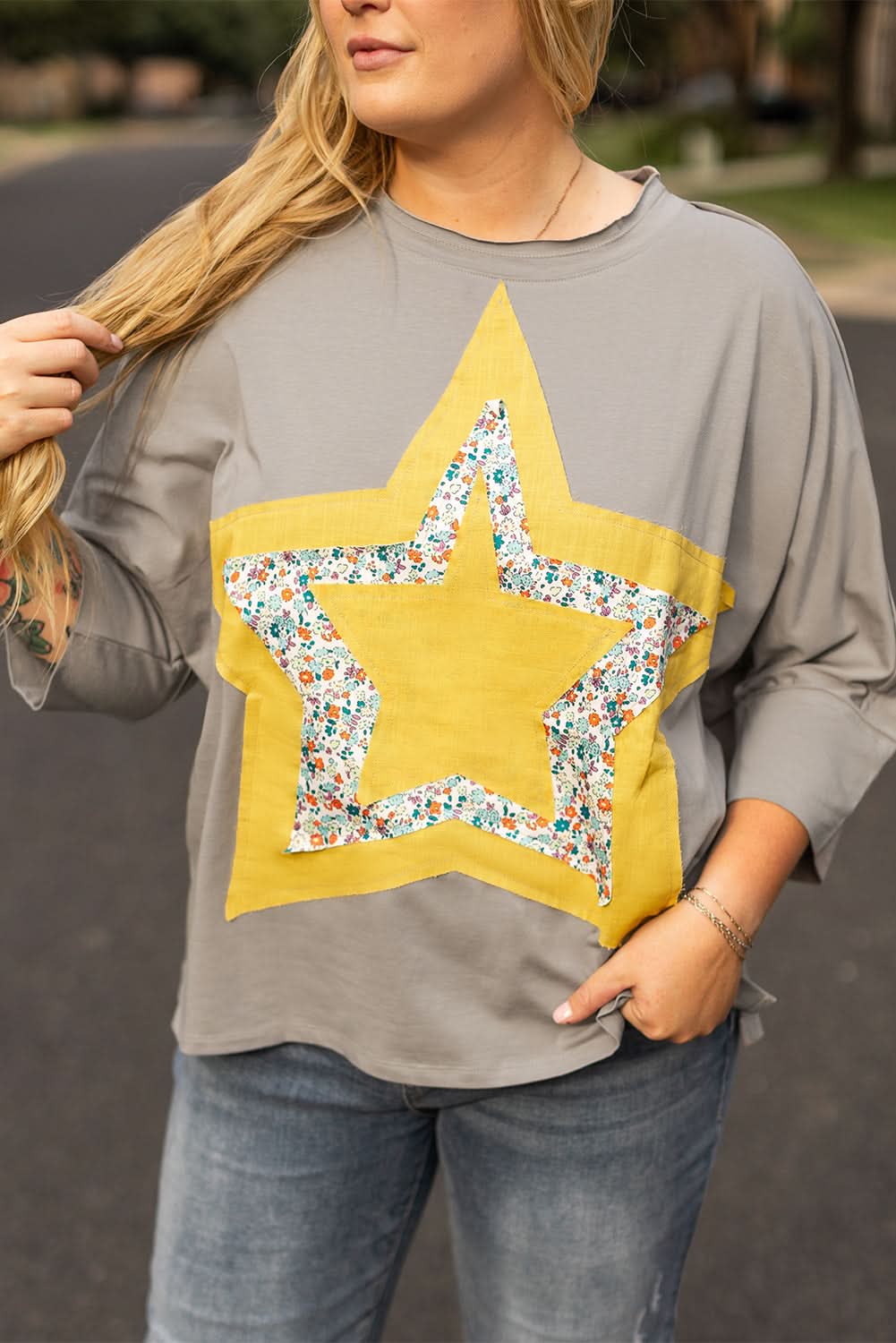 Chic grey floral star top - plus sizes - Love Salve 