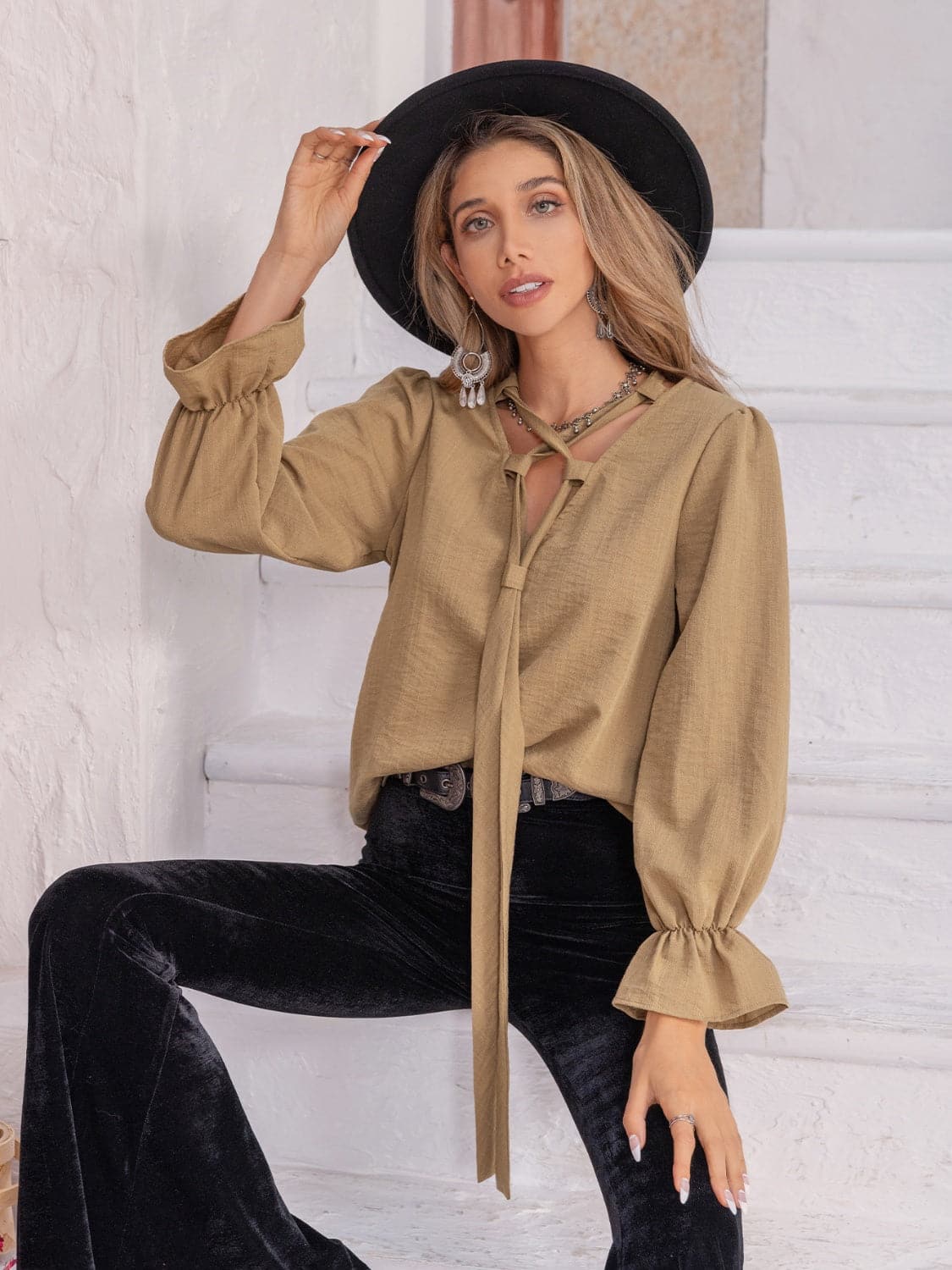 Ruched Flounce Sleeve Blouse.