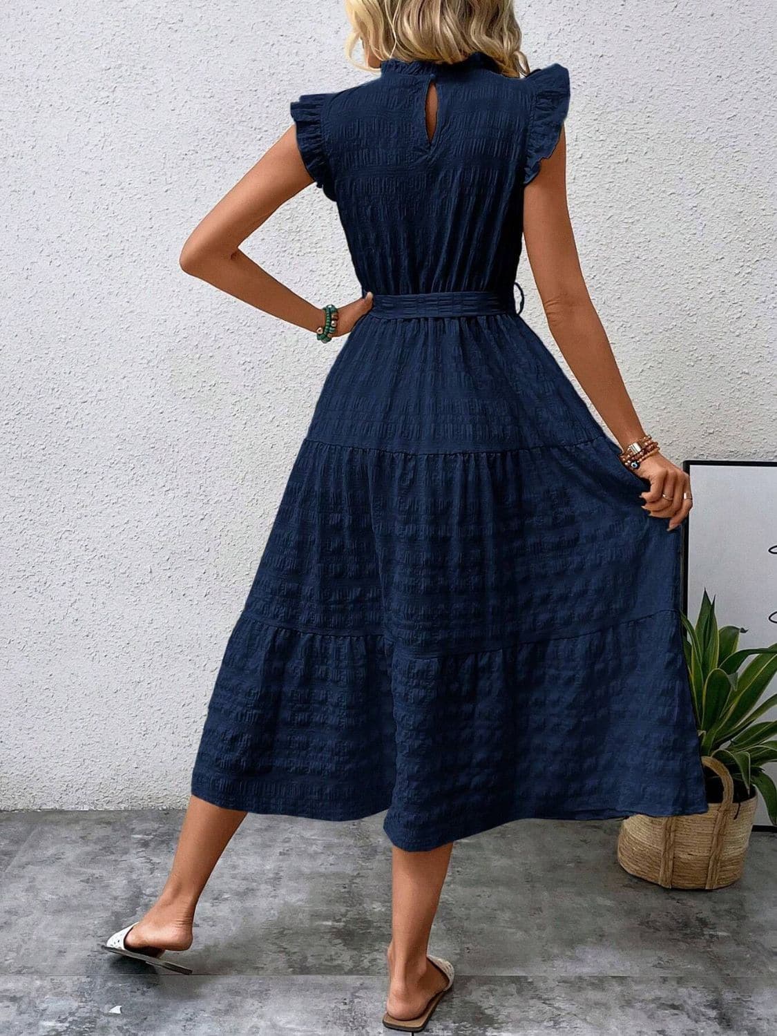 Tied Ruffled Cap Sleeve Midi Dress.