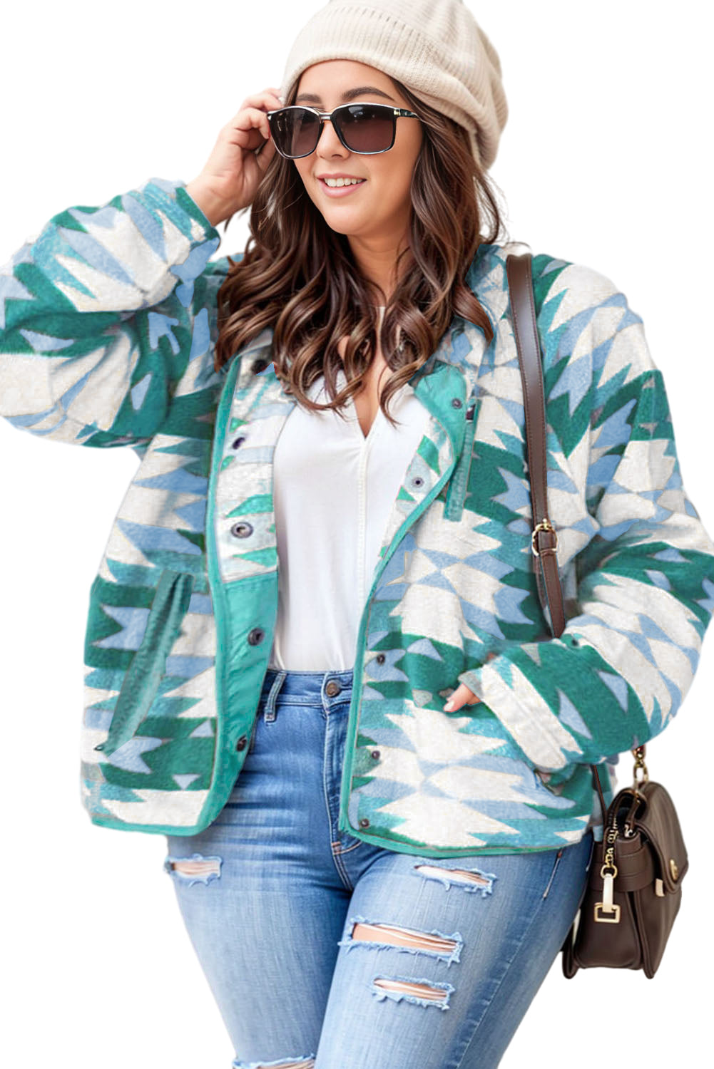 Stylish green Aztec print plus size fleece jacket