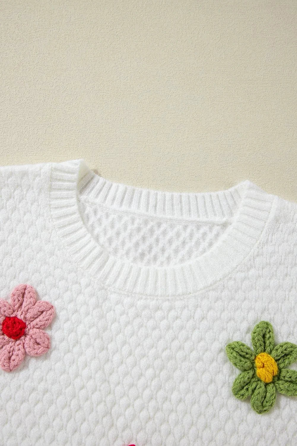 Floral crochet round neck knit sweater