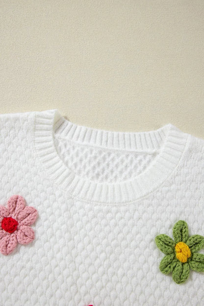 Floral crochet round neck knit sweater