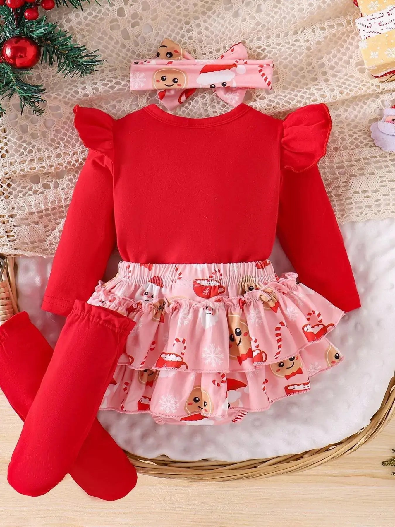 Children's Christmas Ruffled Long Sleeve Top and Skirt Set with Headband Simply Love
