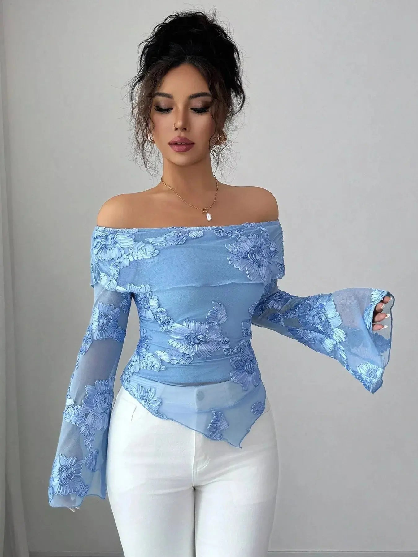 Floral Off-Shoulder Mesh Blouse Simply Love