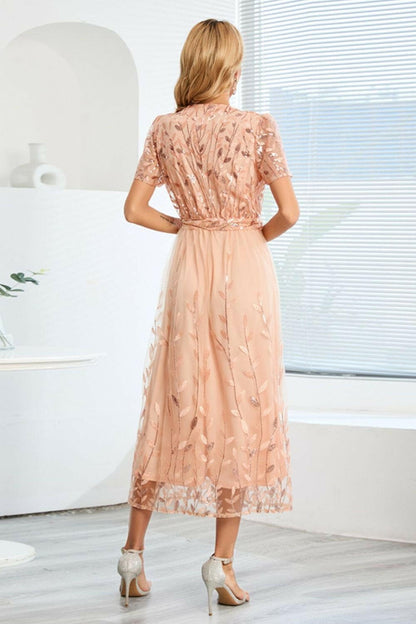 Sequin Leaf Embroidery Tie Front Short Sleeve Dress.