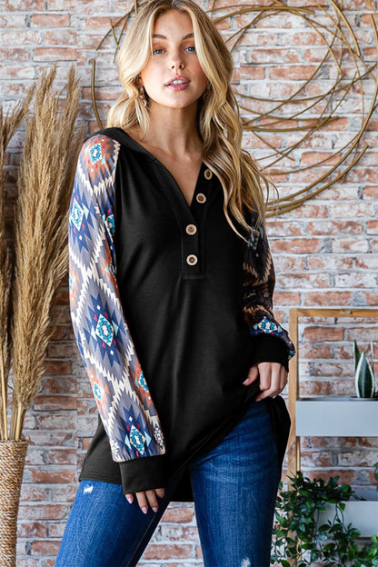 Cozy chic half button hooded long sleeve top with unique print