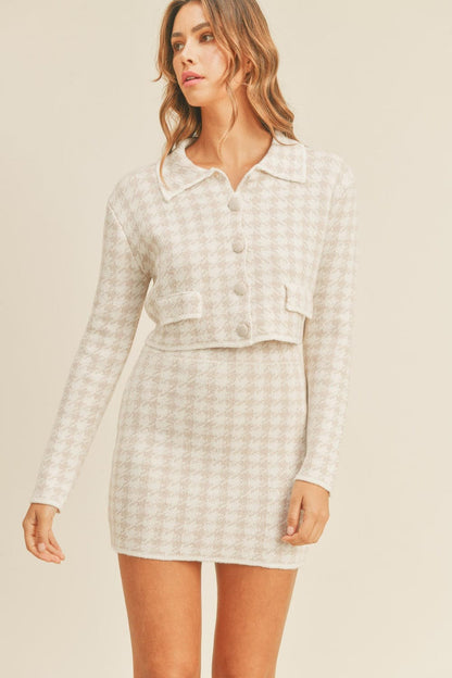 Chic houndstooth knit cardigan and mini skirt ensemble