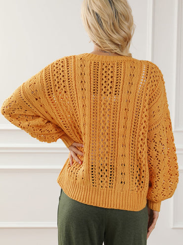 Openwork Round Neck Long Sleeve Sweater.