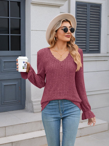 Lace v-neck long sleeve top