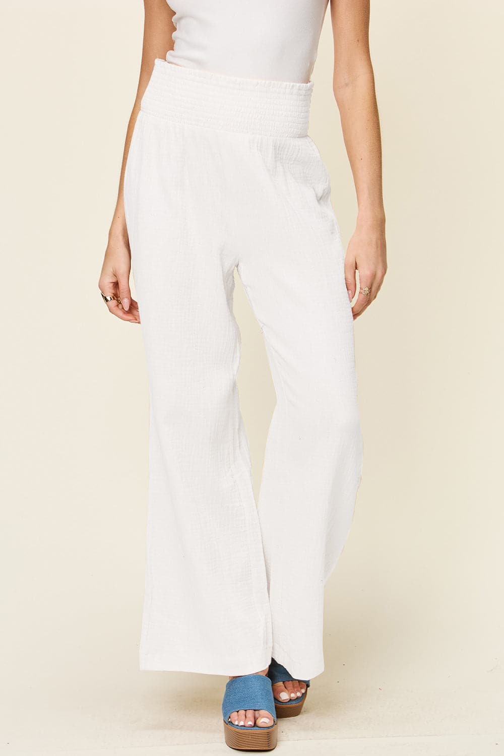 Double Take Full Size Texture Smocked Waist Wide Leg Pants.