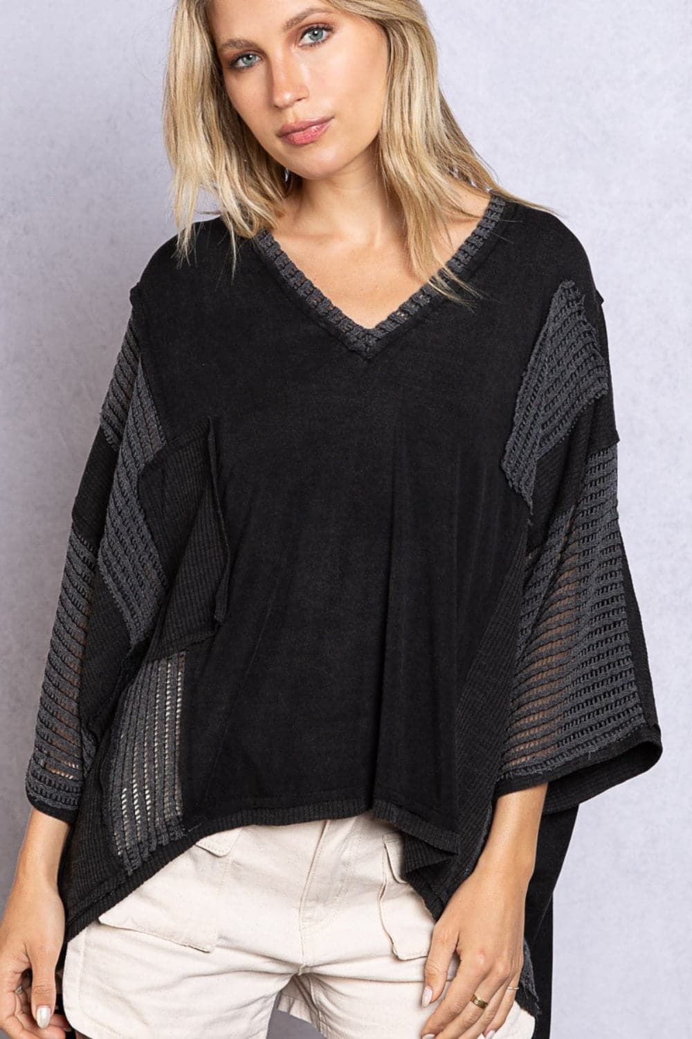 POL High-Low Contrast V-Neck Top.