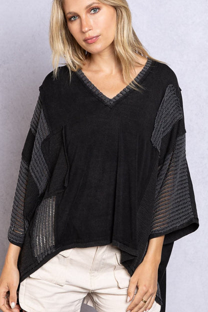 POL High-Low Contrast V-Neck Top.