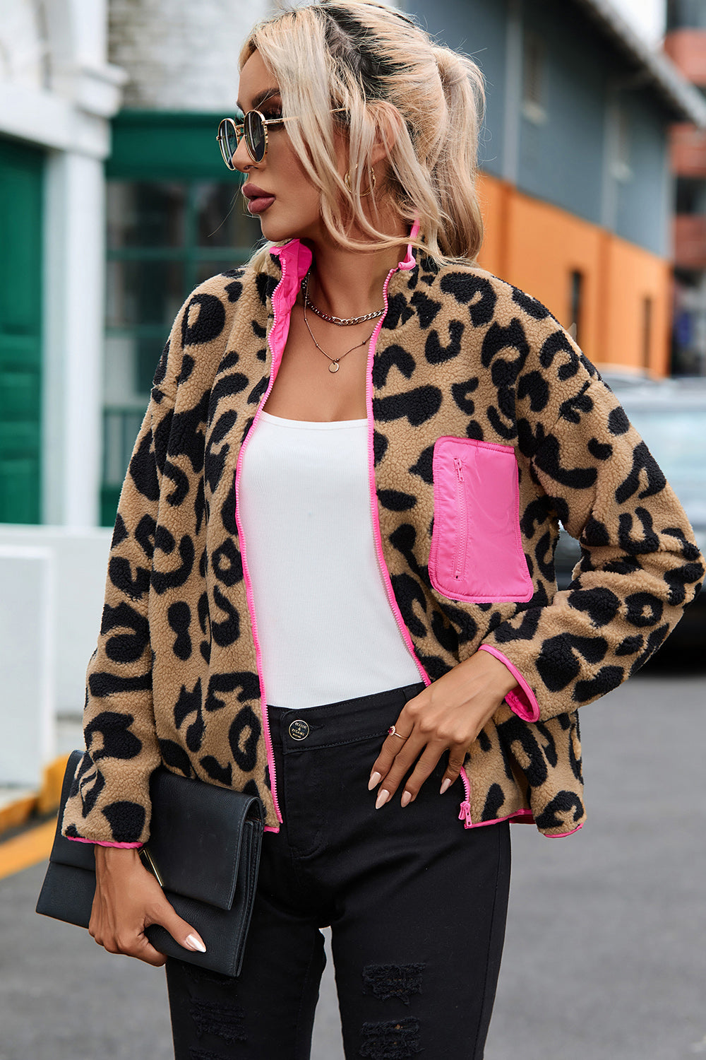 Leopard Zip-Up Dropped Shoulder Jacket Coco’s Tee Boutique