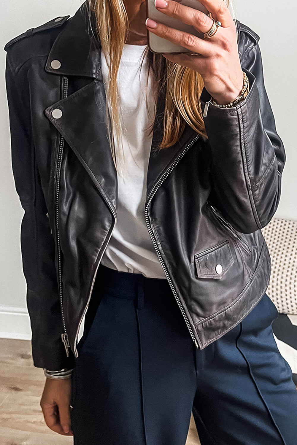 Chic black PU leather lapel collar motorcycle jacket