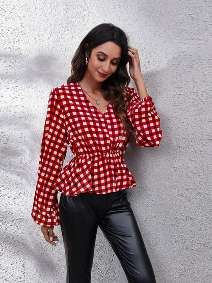 Plaid V-Neck Balloon Sleeve Peplum BlouseStay Chic with Our Plaid V-Neck Balloon Sleeve Peplum Blouse
 Enhance your wardrobe with our stylish Plaid V-Neck Balloon Sleeve Peplum Blouse that effortlessly combLove Salve -Neck Balloon Sleeve Peplum BlouseBlouses